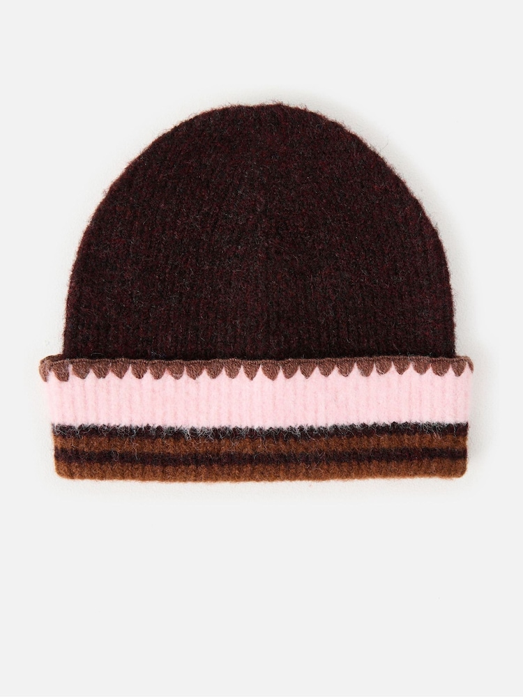 Oliver Bonas Chocolate Brown & Pink Striped Knitted Beanie Hat - Image 1 of 4