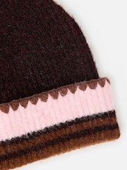Oliver Bonas Chocolate Brown & Pink Striped Knitted Beanie Hat - Image 3 of 4