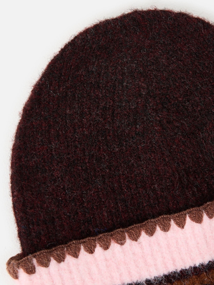 Oliver Bonas Chocolate Brown & Pink Striped Knitted Beanie Hat - Image 4 of 4