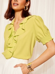 Friends Like These Green Ruffle Front Puff Sleeve Blouse - Image 1 of 4