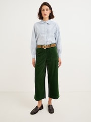 Oliver Bonas Green Dark Corduroy Cropped Scalloped Pocket Wide Leg Trousers - Image 2 of 7