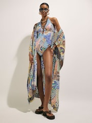 River Island Blue Del Maar Halter Neck Tile Print Plunge Swimsuit - Image 3 of 4