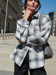 Blue/Neutral Check Long Sleeve Shacket - Image 1 of 6