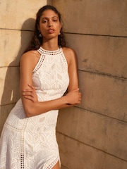 Weiß - Ärmelloses Spitzen-Midikleid mit Schlitz - Bild 2 von 6