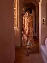 River Island Pink Del Maar Halter Neck Peplum Printed Maxi Dress - Image 1 of 4