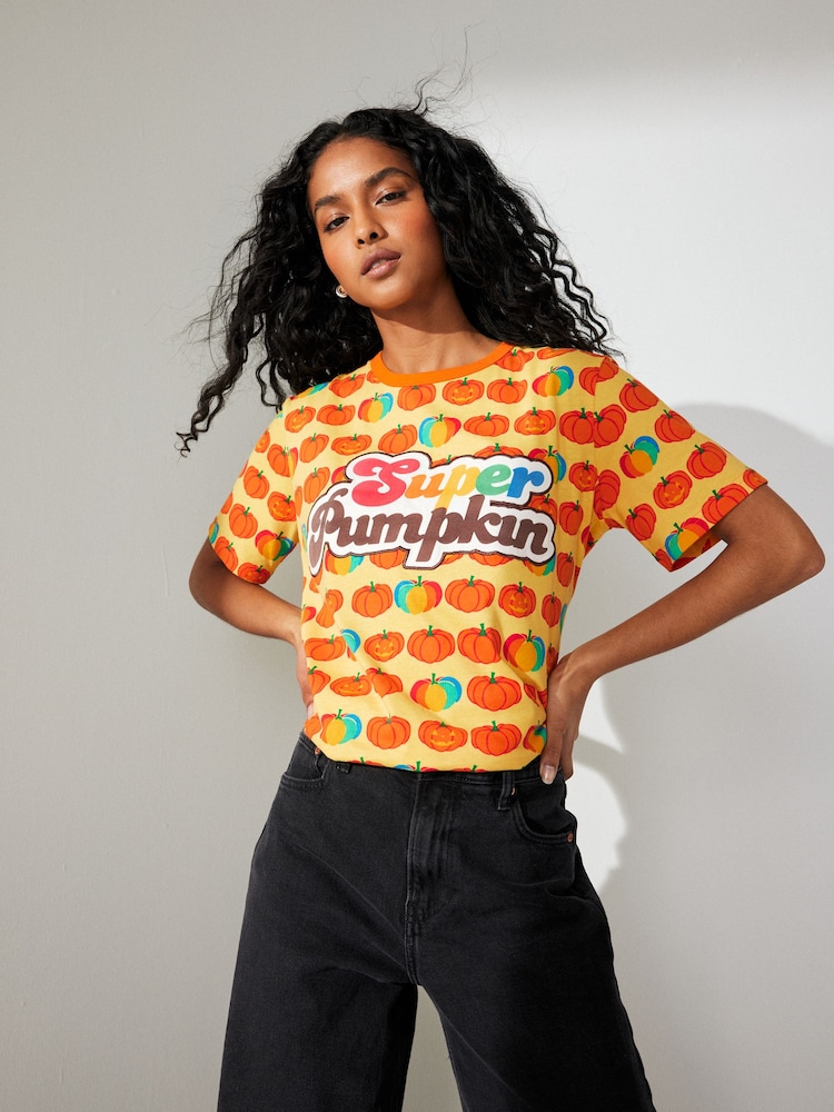 Little Bird by Jools Oliver Orange Adults Short Sleeve Halloween Raglan T-Shirt - Image 1 of 7 Little Bird by Jools Oliver Orange Adults Short Sleeve Halloween Raglan T-Shirt - Image 1 of 7
