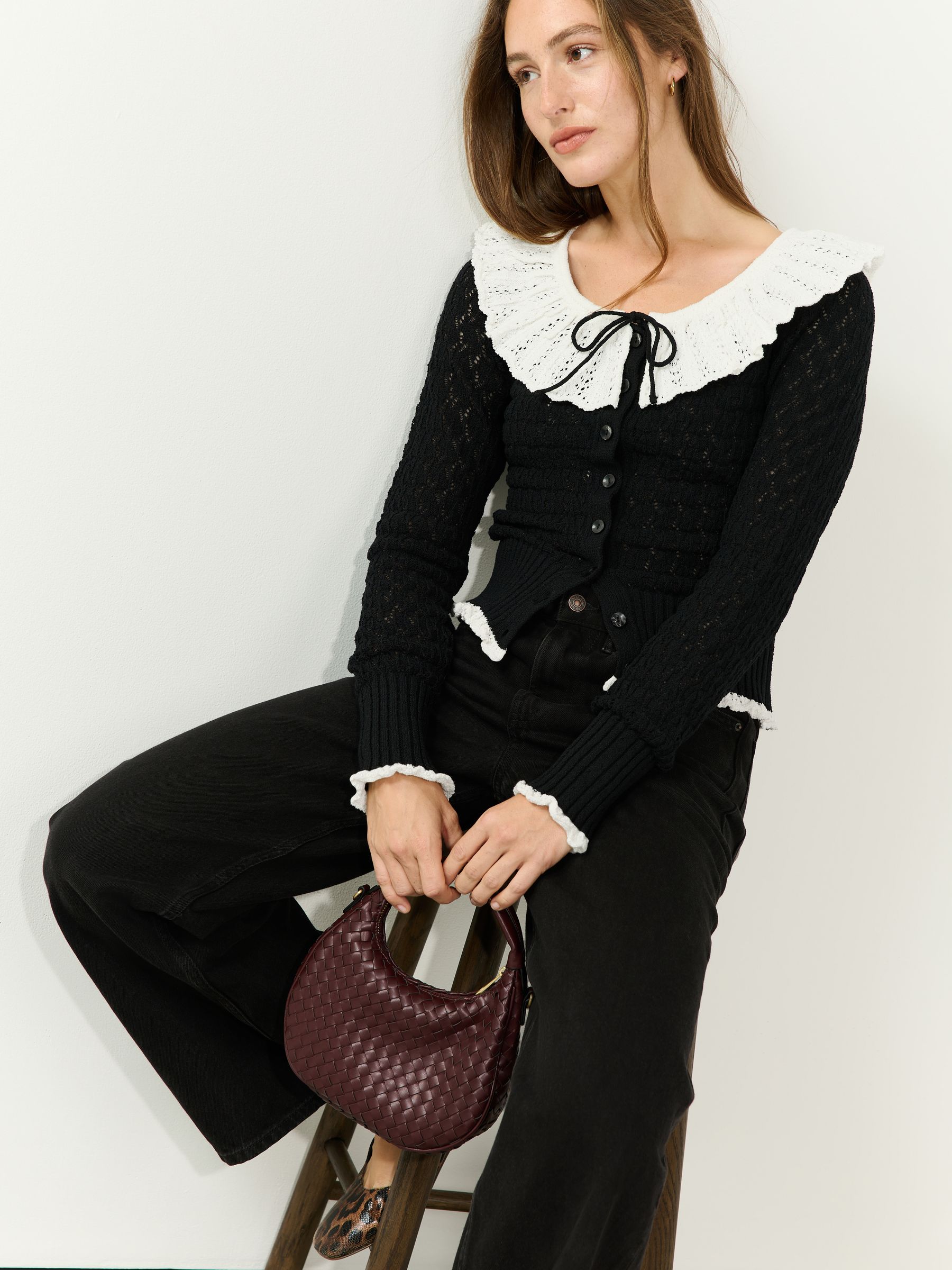 Buy Black Mono Long Sleeve Frill Collar Cardigan from Next USA