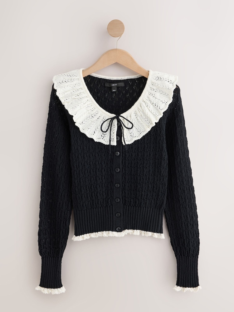 Black Mono Long Sleeve Frill Collar Cardigan - Image 1 of 3