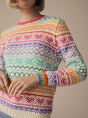 Little Bird by Jools Oliver Pink Adult 100% Cotton Pastel Rainbow Christmas Fairisle Pattern Knitted Jumper - Image 2 of 8