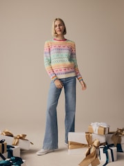 Little Bird by Jools Oliver Pink Adult 100% Cotton Pastel Rainbow Christmas Fairisle Pattern Knitted Jumper - Image 3 of 8