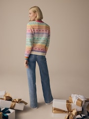 Little Bird by Jools Oliver Pink Adult 100% Cotton Pastel Rainbow Christmas Fairisle Pattern Knitted Jumper - Image 4 of 8