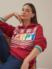 Little Bird by Jools Oliver Red 100% Cotton Happy Knitted Jumper - Image 1 of 5
