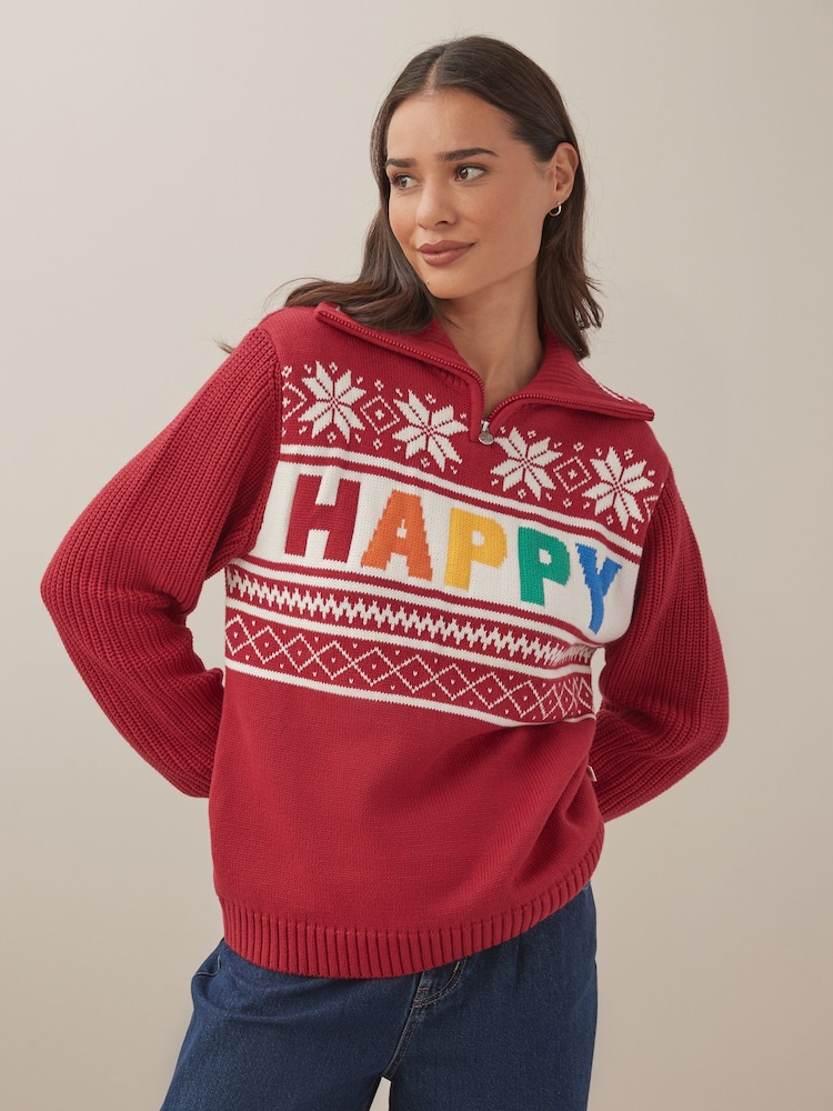Little Bird by Jools Oliver Red 100% Cotton Happy Knitted Jumper - Image 2 of 5