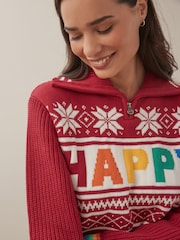 Little Bird by Jools Oliver Red 100% Cotton Happy Knitted Jumper - Image 3 of 5