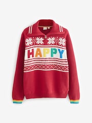 Little Bird by Jools Oliver Red 100% Cotton Happy Knitted Jumper - Image 4 of 5