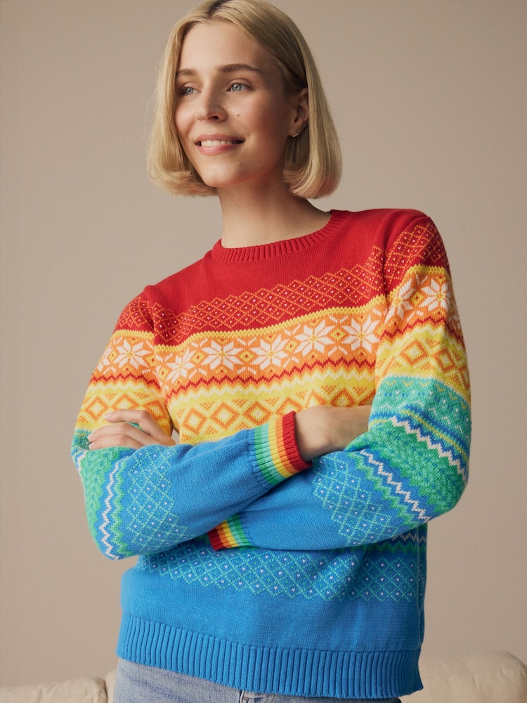 Little Bird by Jools Oliver Multi Adult 100% Cotton Rainbow Christmas Fairisle Pattern Knitted Jumper - Image 2 of 8