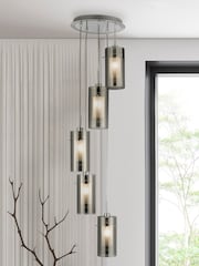Searchlight Silver Basil Chrome Smoked Glass 5Lt MultiDrop Pendant Ceiling Light - Image 1 of 3
