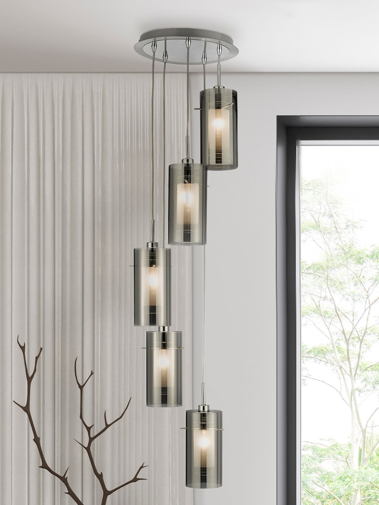 Searchlight Silver Basil Chrome Smoked Glass 5Lt MultiDrop Pendant Ceiling Light - Image 1 of 3 Searchlight Silver Basil Chrome Smoked Glass 5Lt MultiDrop Pendant Ceiling Light - Image 1 of 3