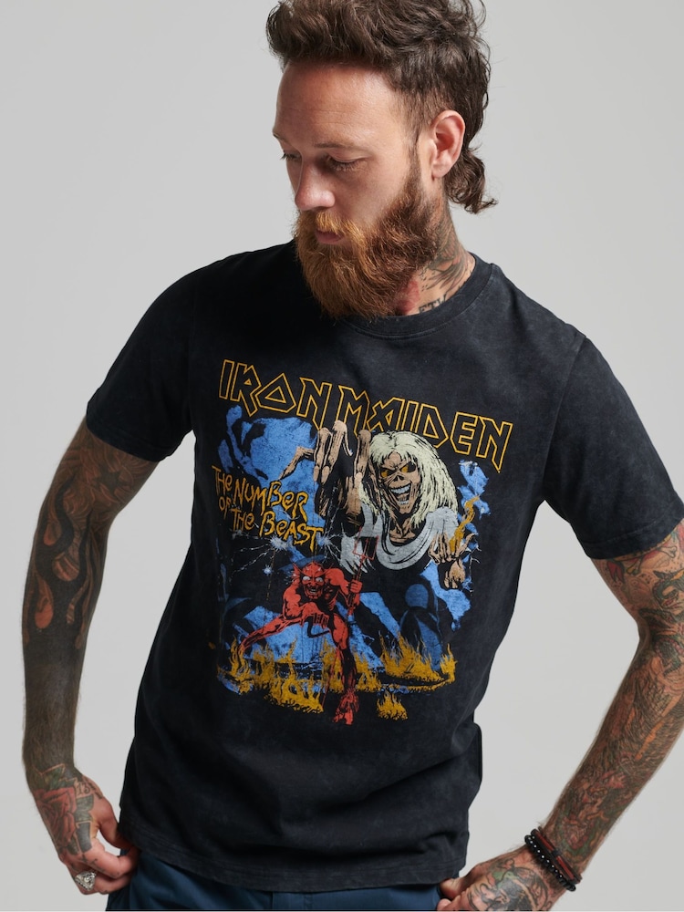 Superdry Black 100% Cotton Iron Maiden x Limited Edition T-Shirt - Image 1 of 4 Superdry Black 100% Cotton Iron Maiden x Limited Edition T-Shirt - Image 1 of 4