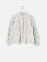 Oliver Bonas White Cream & Blue Striped Frill Neck Blouse - Image 1 of 6