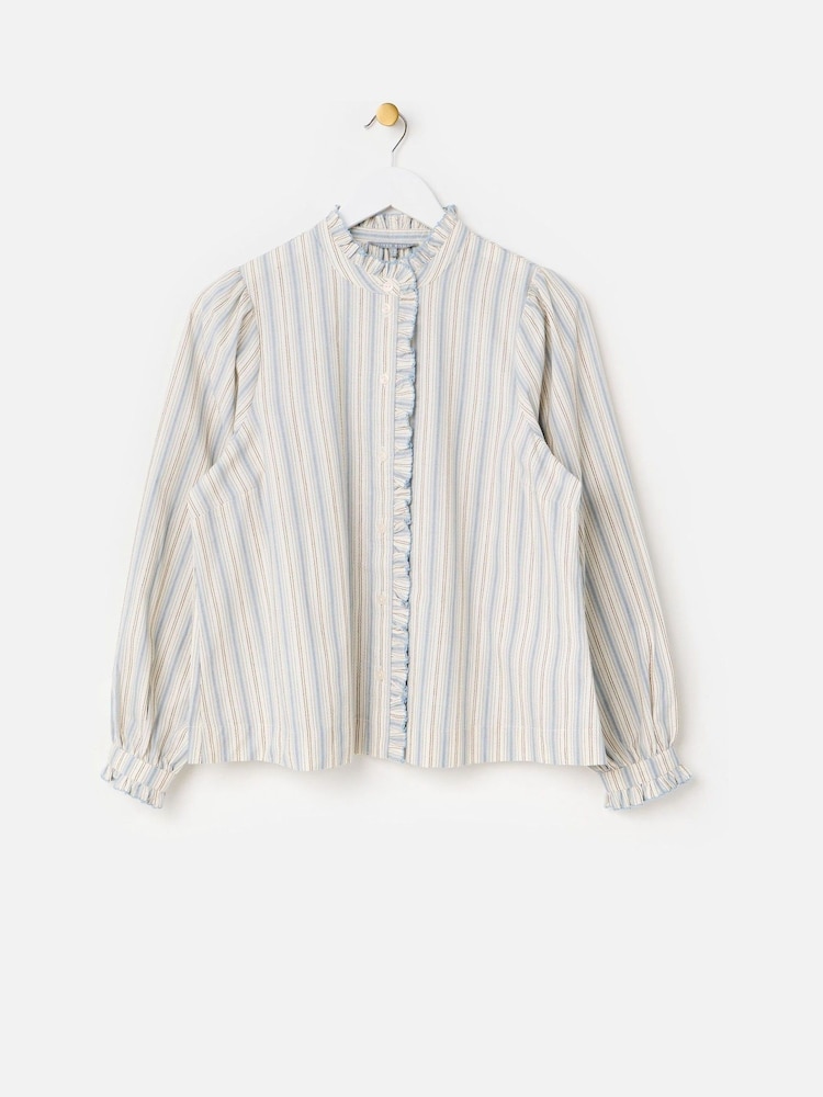 Oliver Bonas White Cream & Blue Striped Frill Neck Blouse - Image 1 of 6 Oliver Bonas White Cream & Blue Striped Frill Neck Blouse - Image 1 of 6