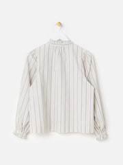 Oliver Bonas White Cream & Blue Striped Frill Neck Blouse - Image 2 of 6