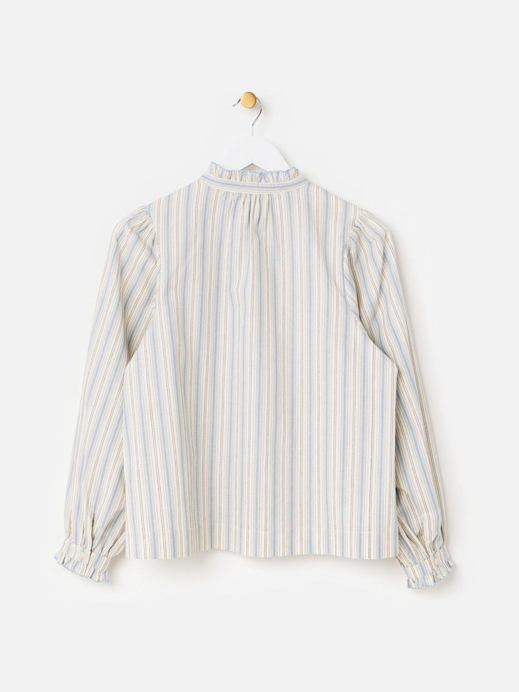 Oliver Bonas White Cream & Blue Striped Frill Neck Blouse - Image 2 of 6 Oliver Bonas White Cream & Blue Striped Frill Neck Blouse - Image 2 of 6