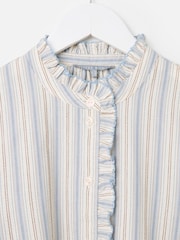 Oliver Bonas White Cream & Blue Striped Frill Neck Blouse - Image 3 of 6