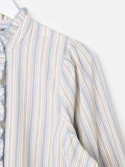Oliver Bonas White Cream & Blue Striped Frill Neck Blouse - Image 4 of 6