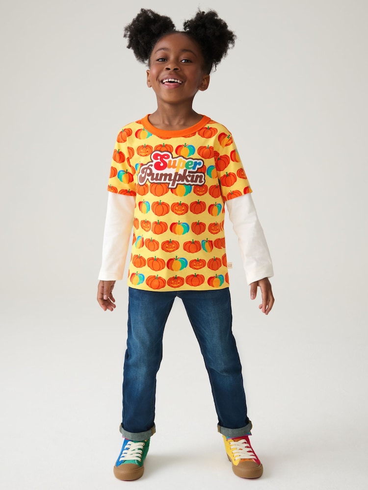 Little Bird by Jools Oliver Orange Pumpkin Long Sleeve Colourful Halloween T-Shirt - Image 1 of 1