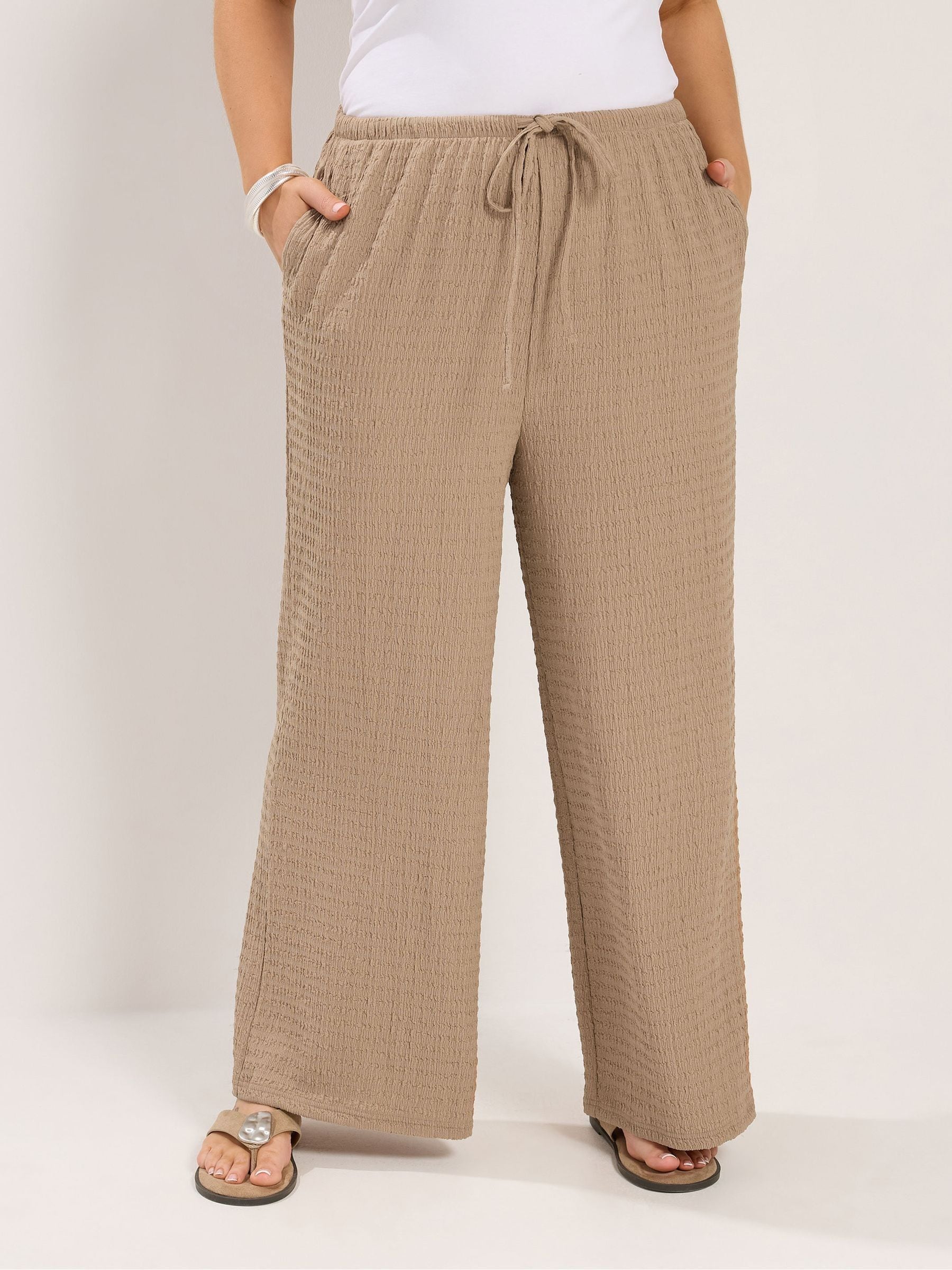 Yours Curve Women's Natural Textured Wide Leg Trousers