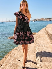 Black/Pink Embroidered One Shoulder Ruffle Summer Dress - Image 1 of 9