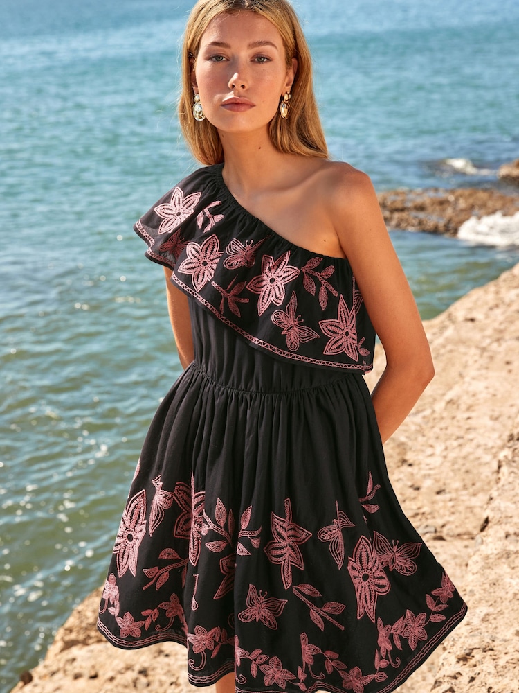 Black/Pink Embroidered One Shoulder Ruffle Summer Dress - Image 2 of 9