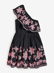Black/Pink Embroidered One Shoulder Ruffle Summer Dress - Image 8 of 9