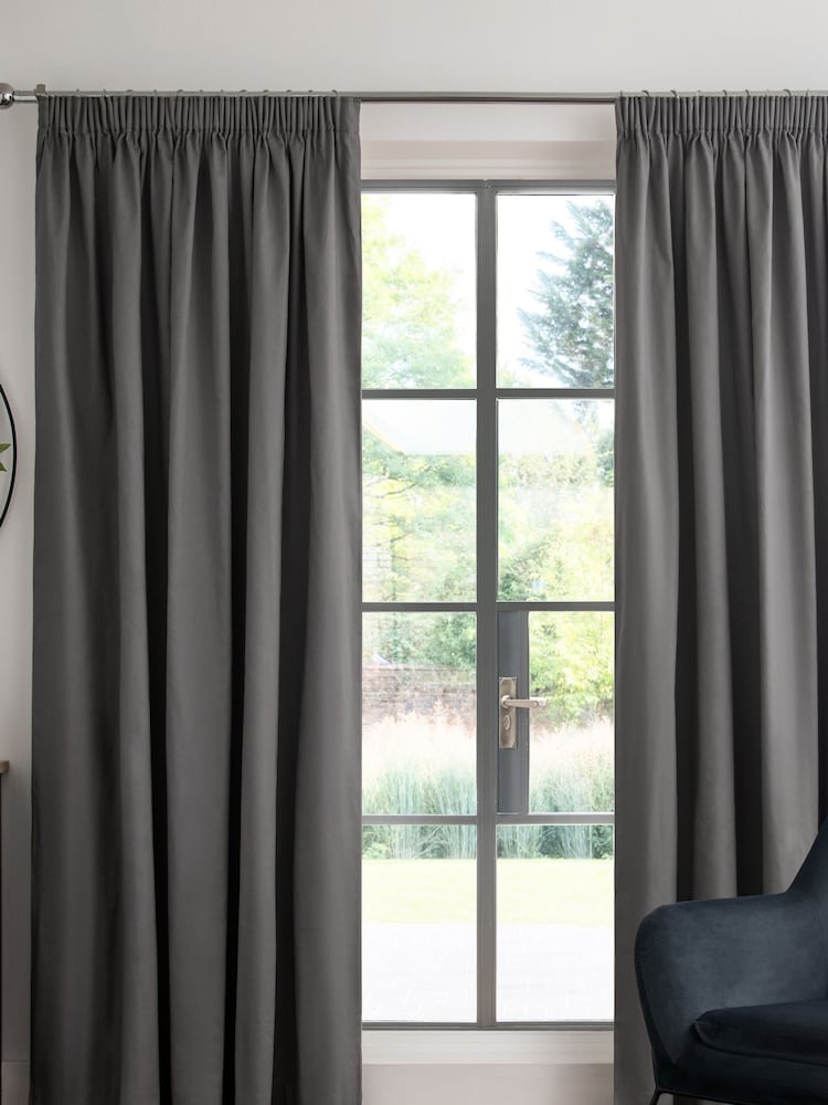 Grey Charcoal Cotton Blackout/Thermal Pencil Pleat Curtains - Image 1 of 6