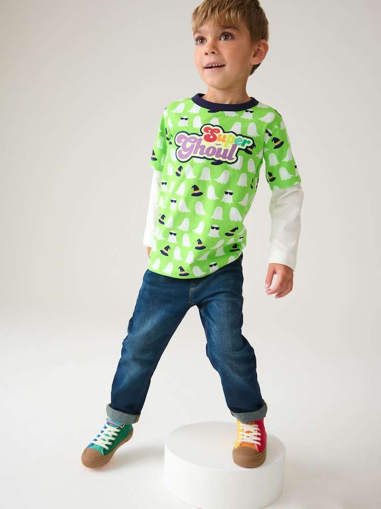 Little Bird by Jools Oliver Green Ghosts Long Sleeve Colourful Halloween T-Shirt - Image 2 of 8