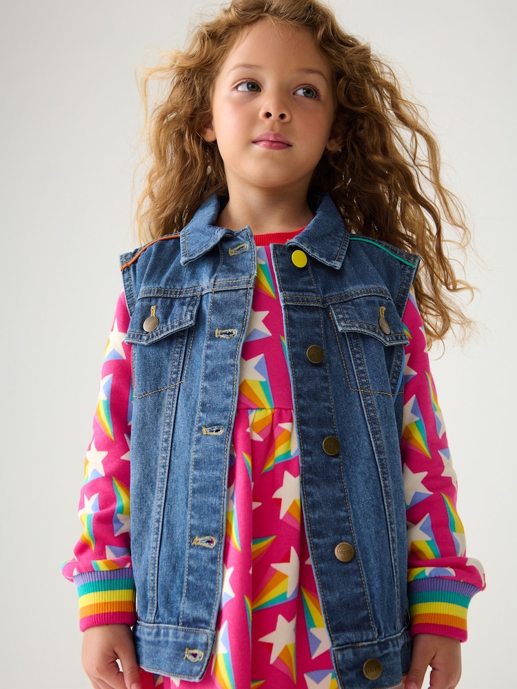 Little Bird by Jools Oliver Blue Washed Denim Rainbow Embroidered 100% Cotton Waistcoat - Image 1 of 8