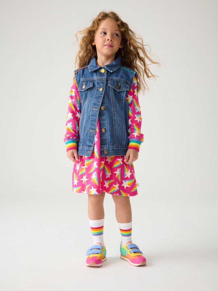 Little Bird by Jools Oliver Washed Denim Rainbow Embroidered 100% Cotton Waistcoat - Image 3 of 8