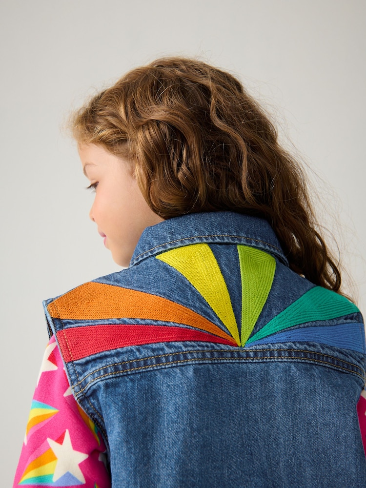 Little Bird by Jools Oliver Washed Denim Rainbow Embroidered 100% Cotton Waistcoat - Image 4 of 8