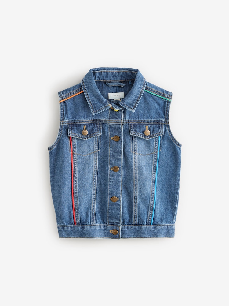 Little Bird by Jools Oliver Washed Denim Rainbow Embroidered 100% Cotton Waistcoat - Image 5 of 8