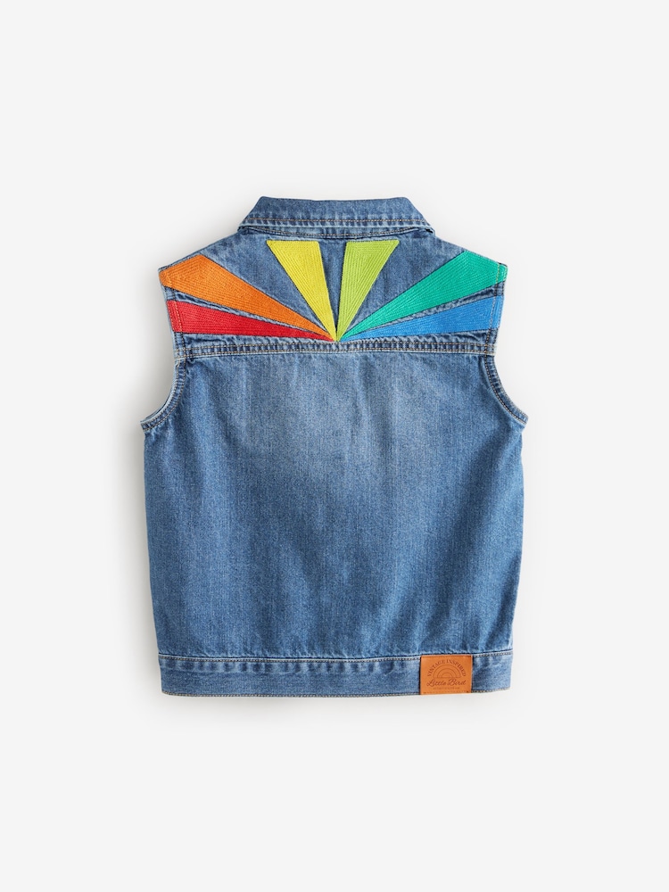 Little Bird by Jools Oliver Washed Denim Rainbow Embroidered 100% Cotton Waistcoat - Image 6 of 8