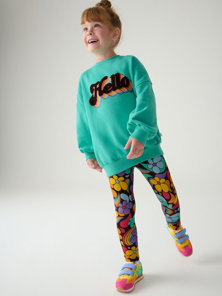 Little Bird by Jools Oliver Turquoise Blue Colorful 100% Cotton Sweat Top and Leggings Set - Image 1 of 8