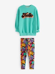 Little Bird by Jools Oliver Turquoise Blue Colorful 100% Cotton Sweat Top and Leggings Set - Image 6 of 8
