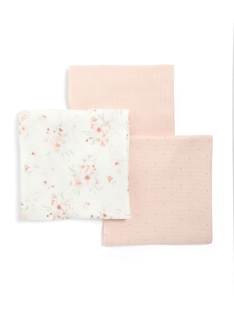 Mamas & Papas 3 Pack Pink Floral 100% Cotton Muslin Squares - Image 3 of 3