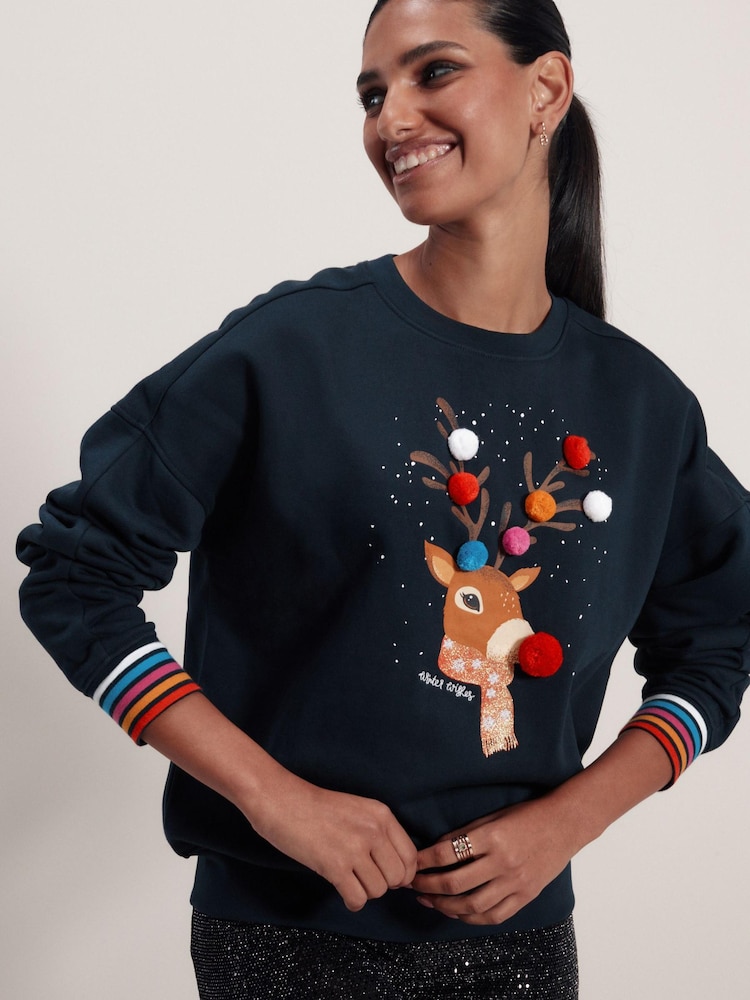 Navy Blue Reindeer Pom Pom Christmas Novelty Sweatshirt - Image 1 of 6