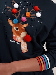 Navy Blue Reindeer Pom Pom Christmas Novelty Sweatshirt - Image 4 of 6