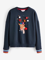 Navy Blue Reindeer Pom Pom Christmas Novelty Sweatshirt - Image 5 of 6