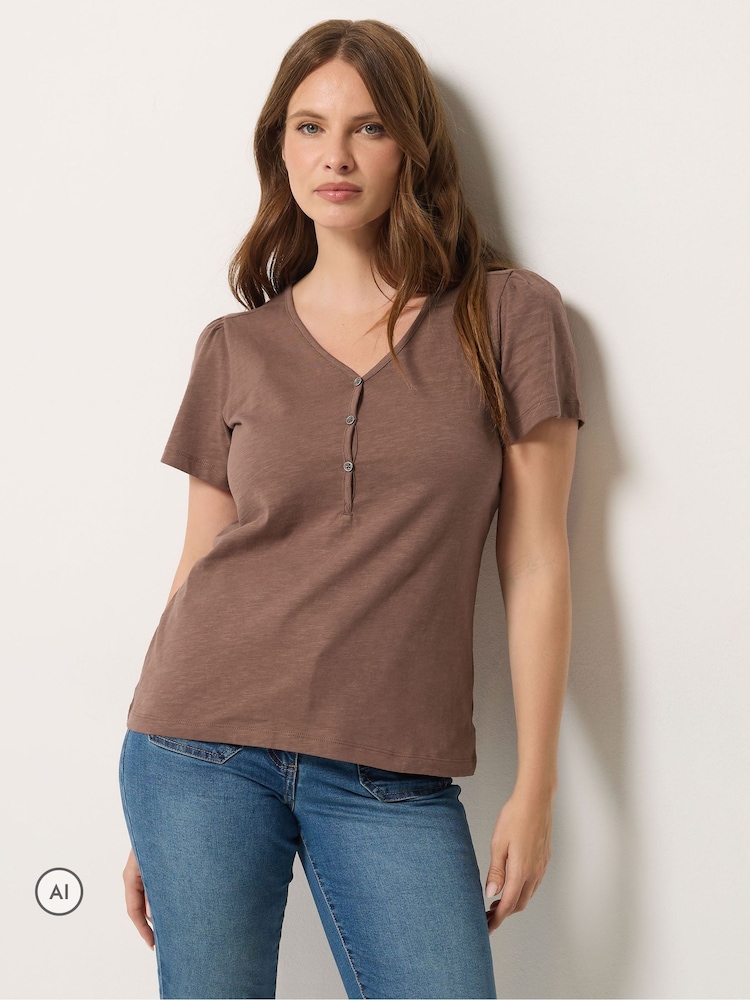 Brown - M&Co Placket Short Sleeve Cotton Top - Larawan 1 ng 6