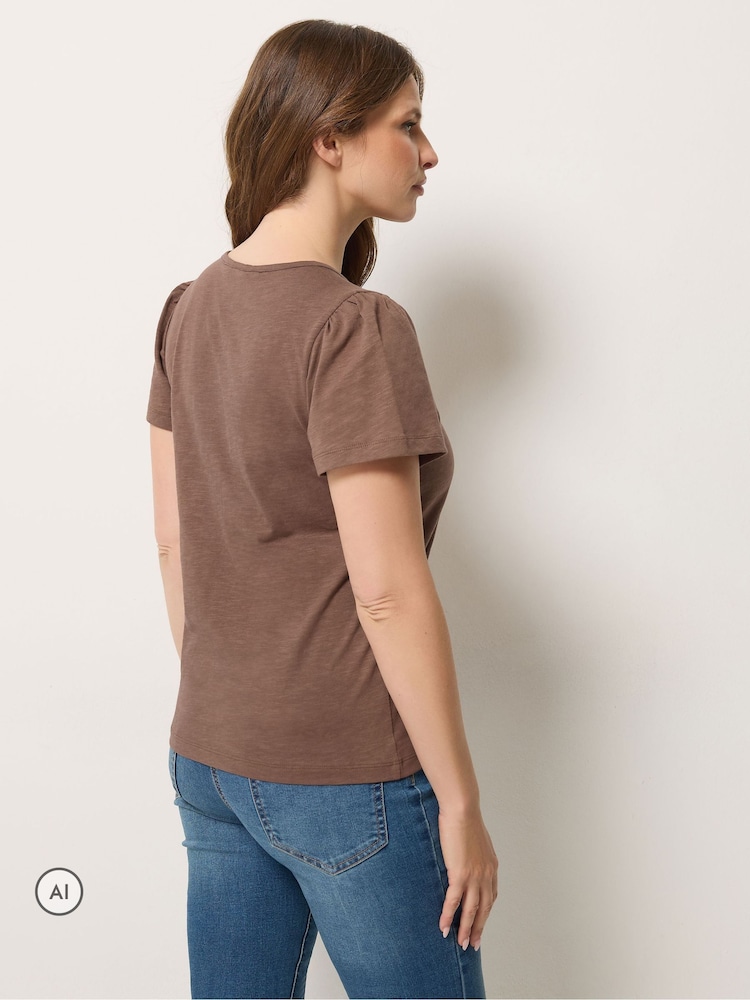 Brown - M&Co Placket Short Sleeve Cotton Top - Larawan 2 ng 6