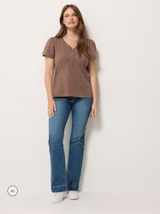 Brown - M&Co Placket Short Sleeve Cotton Top - Larawan 4 ng 6